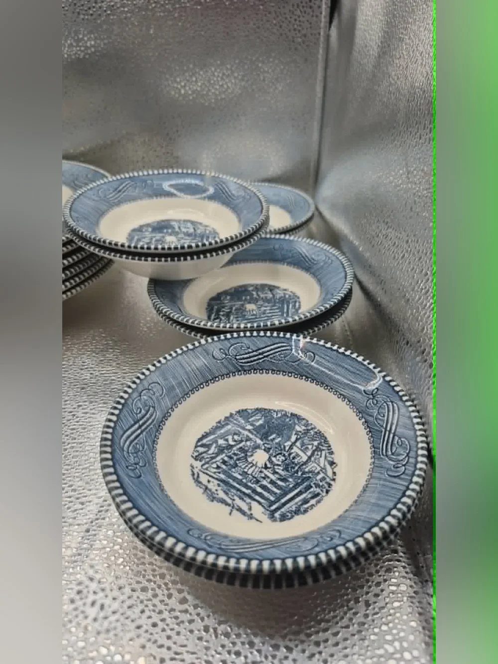 8 Currier & Ives ‘Country Farm Gate’ Blue & White Dessert Bowls Cottagecore Set